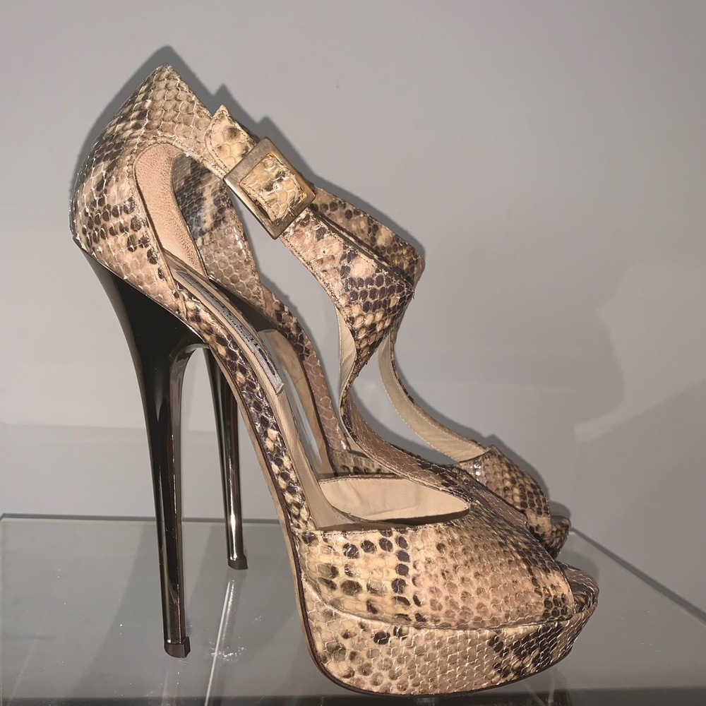 JIMMY CHOO Platform Python T-Strap High Heel Sandal with Gold Heel - Size 40